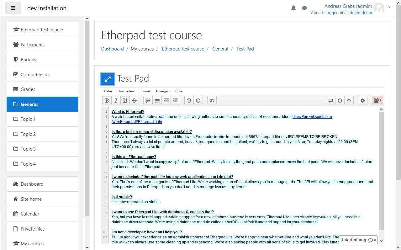 Etherpad-Lite in Moodle